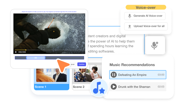 AI video editing feature in Visla AI presentation video maker automatically adds voiceover, music, and visual transitions.